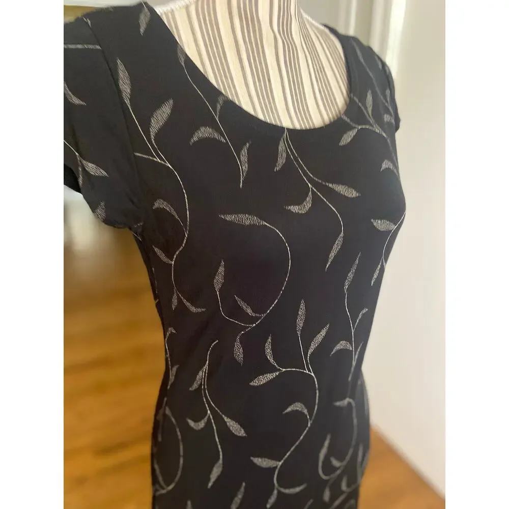 Banana Republic slinky knit black/tan botanical print short sleeve dress